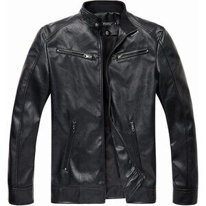 Brand New Men's Black 0072 Faux  Leather Stand Collar Biker Moto Jacket Coat